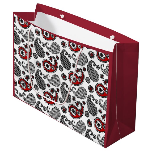 Grand Sac Cadeau Motif Paisley, noir, blanc et rouge (Devant Angle)