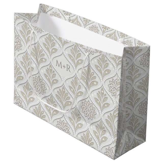 Grand Sac Cadeau Motif Quatrefeuille Beige & Blanc Pailleté (Devant Angle)