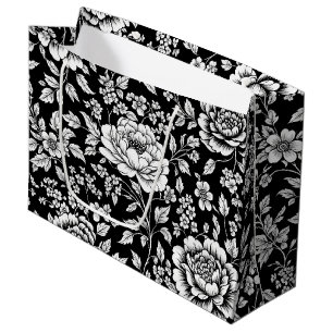 Grand Sac Cadeau Motif sans couture floral vintage noir et blanc (5