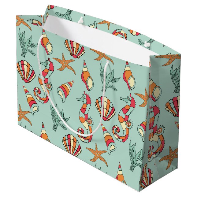 Grand Sac Cadeau Motif Seahorse et Seashell Turquoise (Dos Angle)