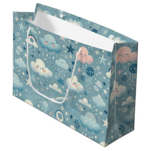 Grand Sac Cadeau Motif Sky Whimsical avec nuages, étoiles - Bleu