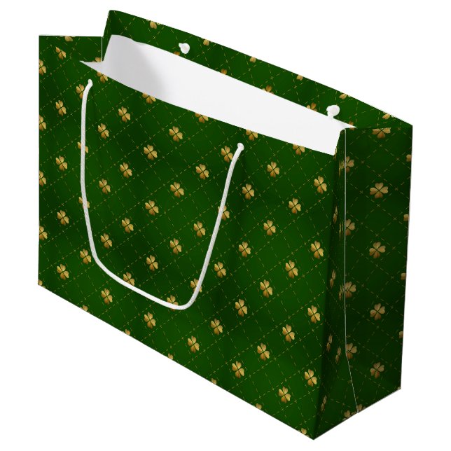 Grand Sac Cadeau Motif vert d'or de trèfle (Devant Angle)