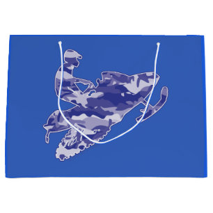 Grand Sac Cadeau Motoneige en bleu camouflage