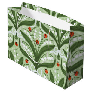 Grand Sac Cadeau Muguet et coccinelles symétrie en vert,