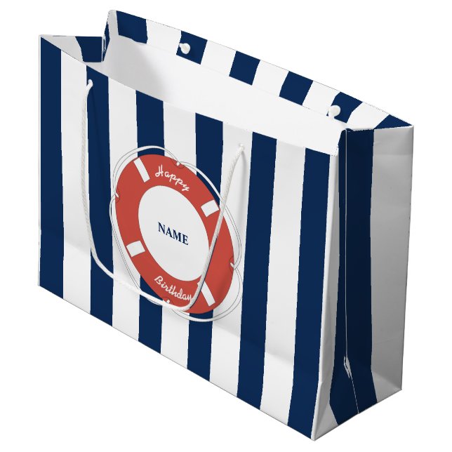 Grand Sac Cadeau Nautique Bleu rayé Nom personnalisé Anniversaire (Devant Angle)