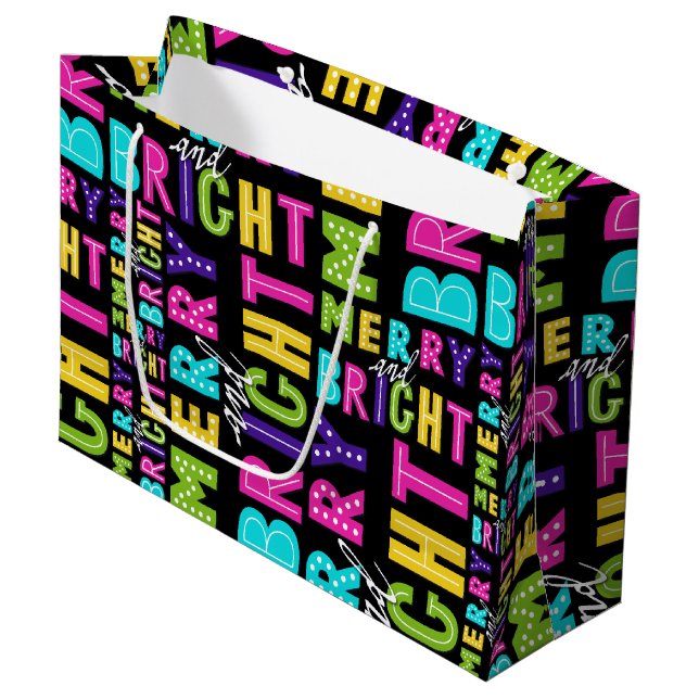 Grand Sac Cadeau Neon Merry et Bright (Devant Angle)