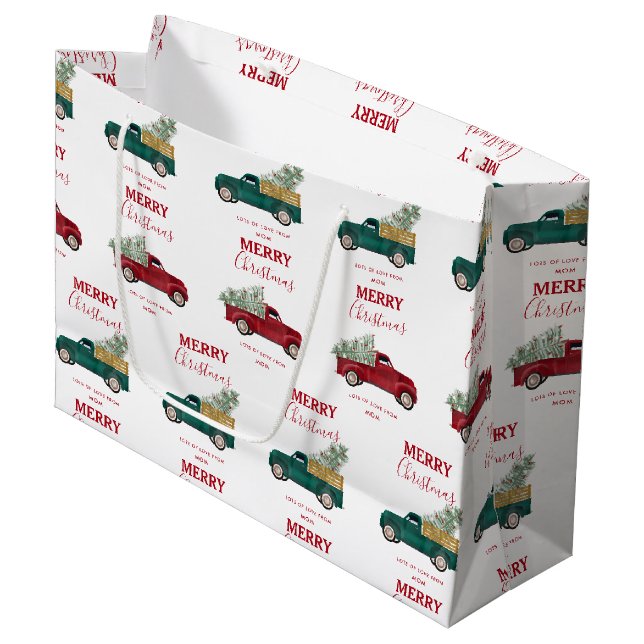 Grand Sac Cadeau Noël Antique Camion Camion Xmas Arbre Personnalisé (Devant Angle)