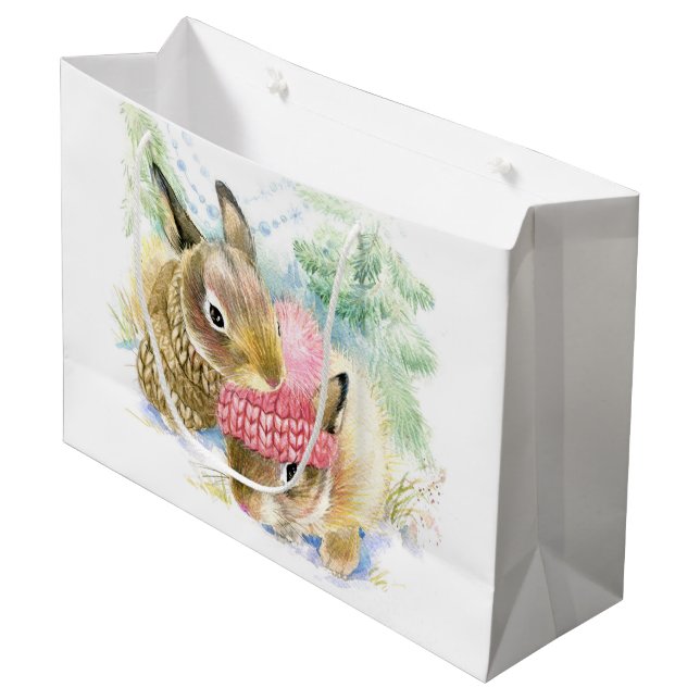 Grand Sac Cadeau Noël | Aquarelle - Bunnies de forêt d'hiver (Devant Angle)