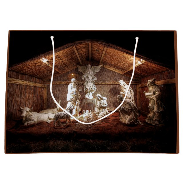 Grand Sac Cadeau Noël Avent Jésus Nativité Manger Scène (Devant)