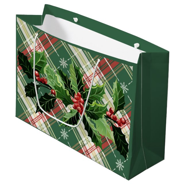 Grand Sac Cadeau Noël Blanc Or Carreaux Avec Couronne (Devant Angle)