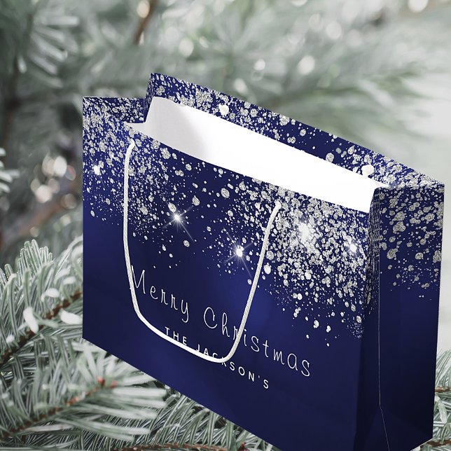 Grand Sac Cadeau Noël bleu argent blanc parties scintillant nom de  (Créateur téléchargé)