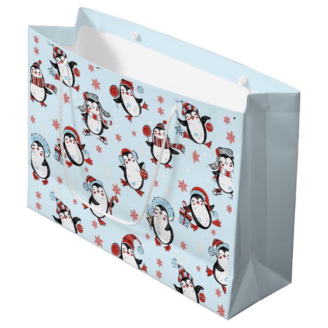 Grand Sac Cadeau Noël bleu Pingouin mignon (Devant Angle)