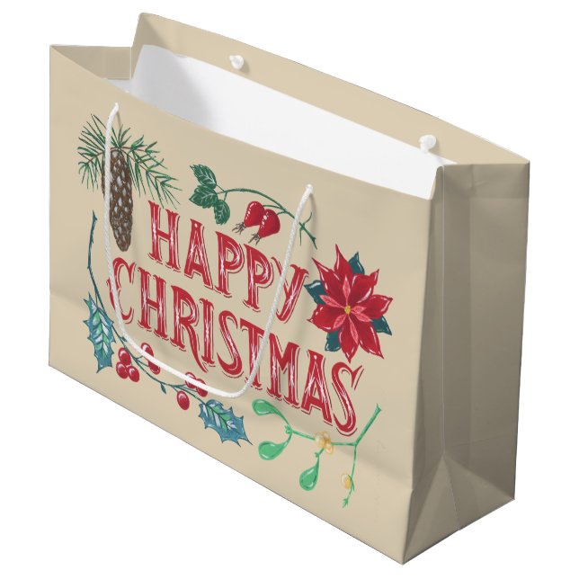 Grand Sac Cadeau Noël botanique traditionnel (Devant Angle)