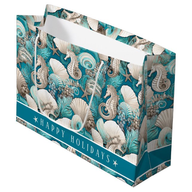 Grand Sac Cadeau Noël côtier Bold Motif hippocampe #4 ID1009 (Devant Angle)