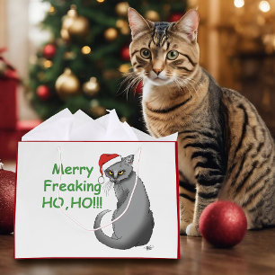 Grand Sac Cadeau Noël Drôle Chat Gris Grincheux Humour Férié