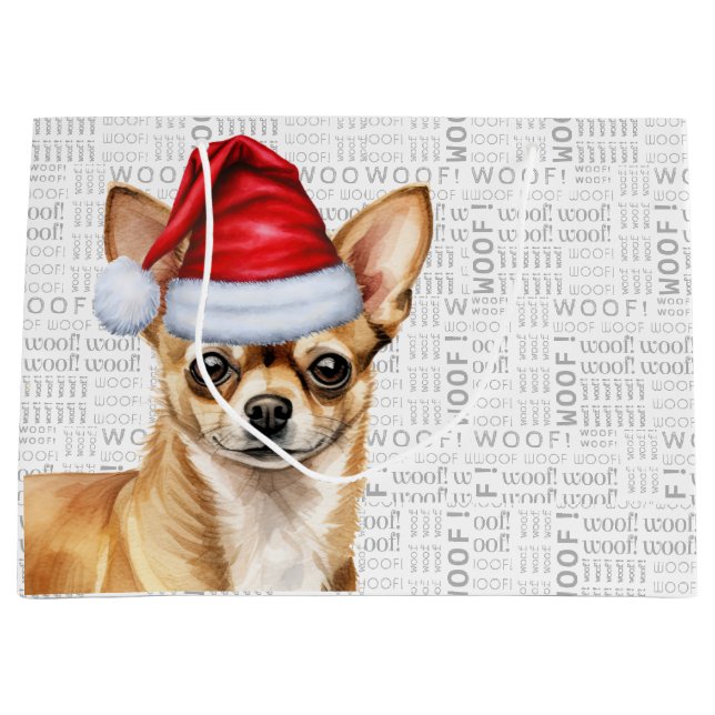Grand Sac Cadeau Noël drôle Père Noël Chien Chihuahua vacances (Devant)