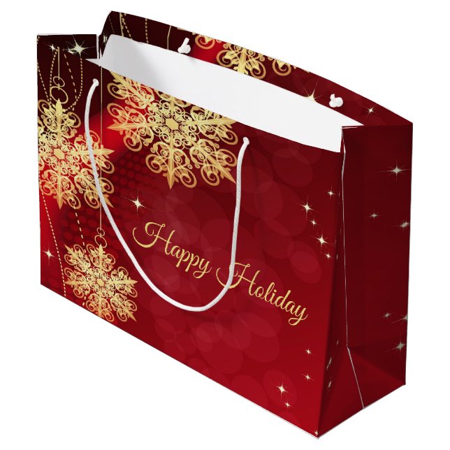 Grand Sac Cadeau Noël Fête Rouge Golden Snowflics (Dos Angle)