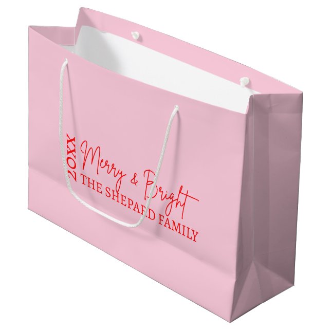 Grand Sac Cadeau Noël Joyeux et rose rouge vif 2025 (Devant Angle)