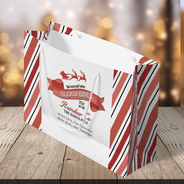 Grand Sac Cadeau Noël mignon rouge et blanc Personnalisé (Christmas whimsical reindeer sleigh rides gift bag. )