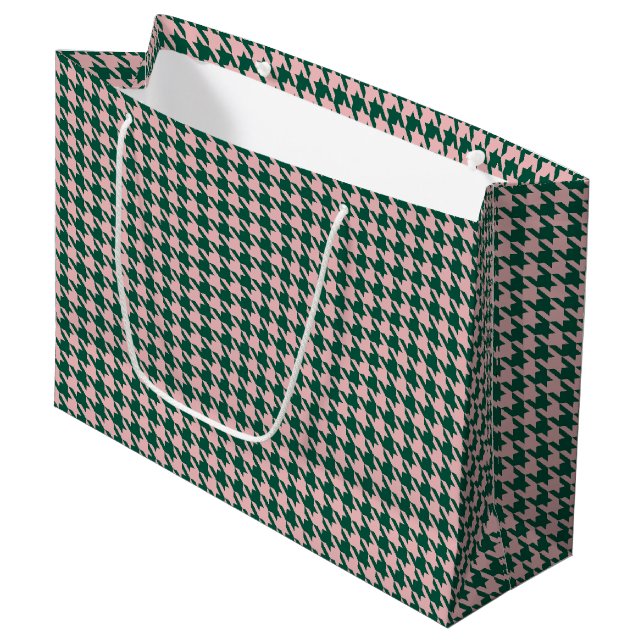 Grand Sac Cadeau Noël moderne Houndstooth Vert & Rose  (Devant Angle)