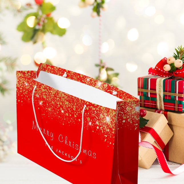 Grand Sac Cadeau Noël or rouge parties scintillant nom de famille (Créateur téléchargé)