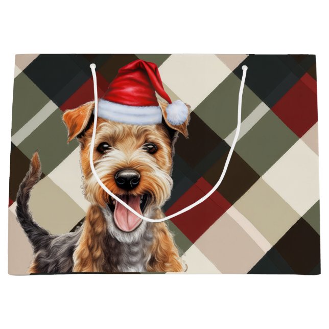Grand Sac Cadeau Noël Plaid Lakeland Terrier Amoureux des chiens (Devant)