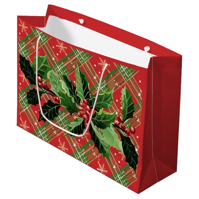 Grand Sac Cadeau Noël plaqué rouge avec couronne (Devant Angle)