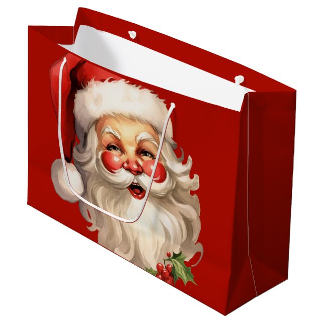 Grand Sac Cadeau Noël rétro Holly Jolly Santa Claus (Devant Angle)