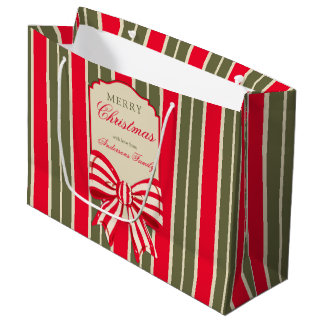 Grand Sac Cadeau Noël rétro rouge vert rayures avec ruban personnal