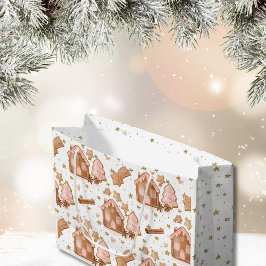 Grand Sac Cadeau Noël rose Brown pain d'épices Maisons Or étoiles