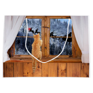 Grand Sac Cadeau Noël rouge orange de point de chat tigré