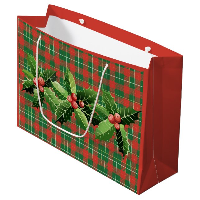 Grand Sac Cadeau Noël Rouge Vert Plaid À La Wirlande (Devant Angle)