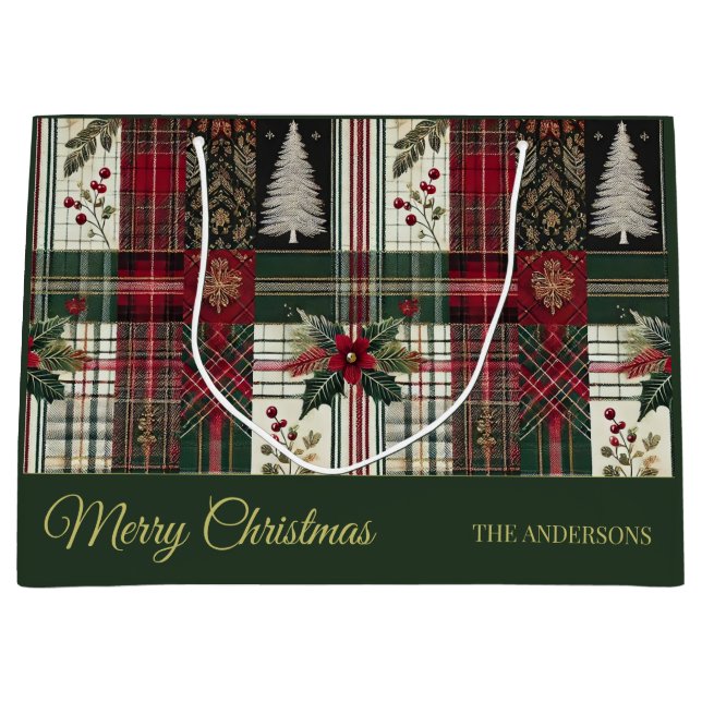 Grand Sac Cadeau Noël Russe Plaid traditionnel Vert Motif (Devant)