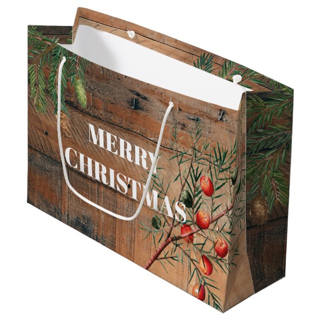 Grand Sac Cadeau Noël Rustic Wood Joie Joyeux Noël (Devant Angle)