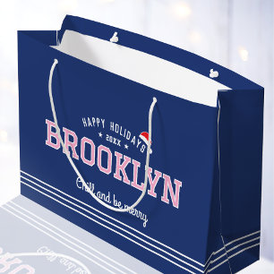 Grand Sac Cadeau Noël Santa Chapeau Nom Typographie Marine Rose Rou
