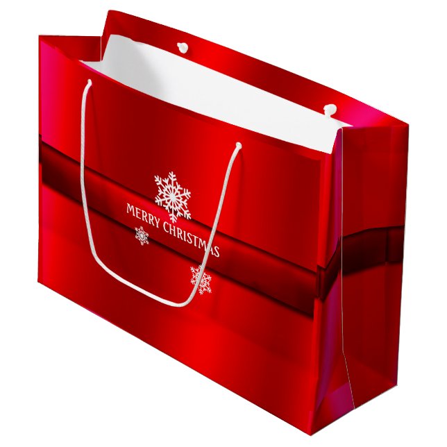 Grand Sac Cadeau Noël, Satin Rouge, Flammes de neige, Personnalisé (Devant Angle)