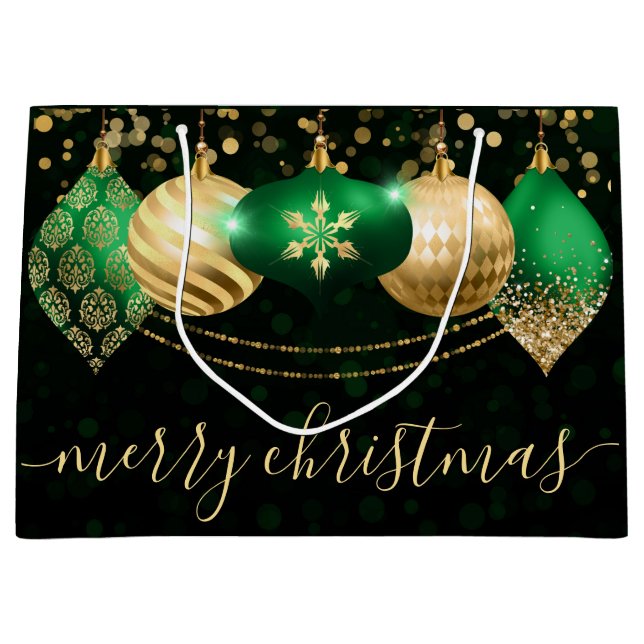Grand Sac Cadeau Noël vert et or Baubles Noël (Devant)