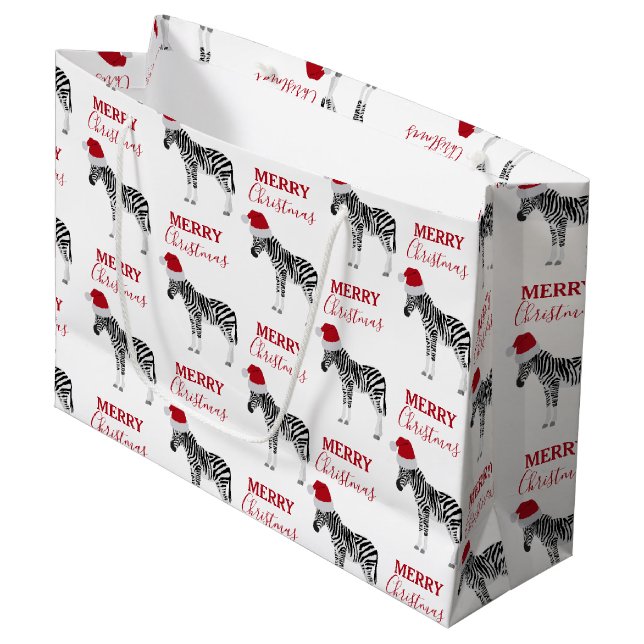 Grand Sac Cadeau Noël Zebra Funny Animal avec Santa Hat (Devant Angle)