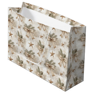 Grand Sac Cadeau Nœuds et étoiles en toile de jute rustique