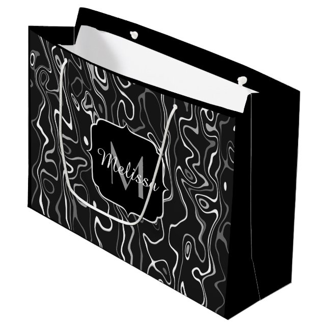 Grand Sac Cadeau Noir blanc gris damas tourbillons abstraits Monogr (Devant Angle)