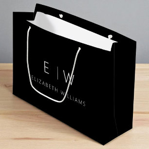 Grand Sac Cadeau Noir Blanc Moderne Minimaliste Nom Monogramme