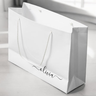 Grand Sac Cadeau Noir Blanc moderne Script Girl Monogramme Nom