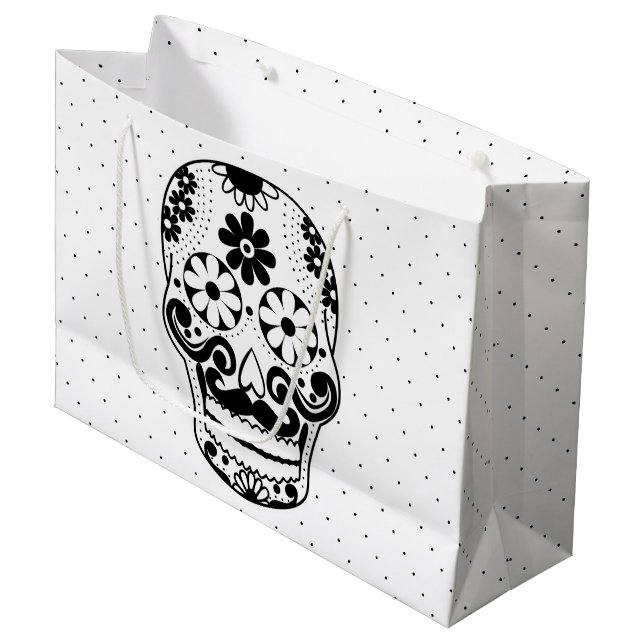 Grand Sac Cadeau Noir et blanc Moustache Sugar Crâne Noir Points (Devant Angle)