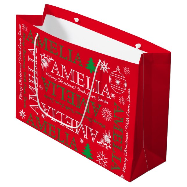 Grand Sac Cadeau Nom avec 6 Lettres Rouge Vert Motif de Noël (Devant Angle)