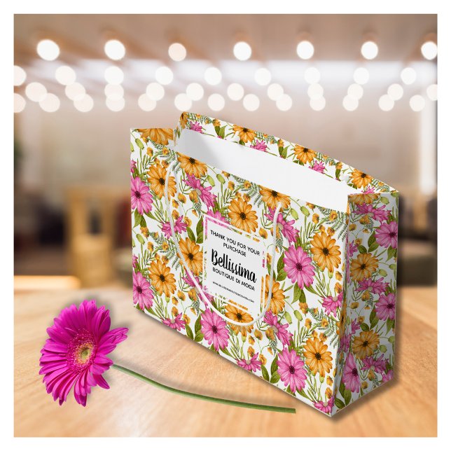 Grand Sac Cadeau Nom commercial Floral jaune moderne rose (Créateur téléchargé)