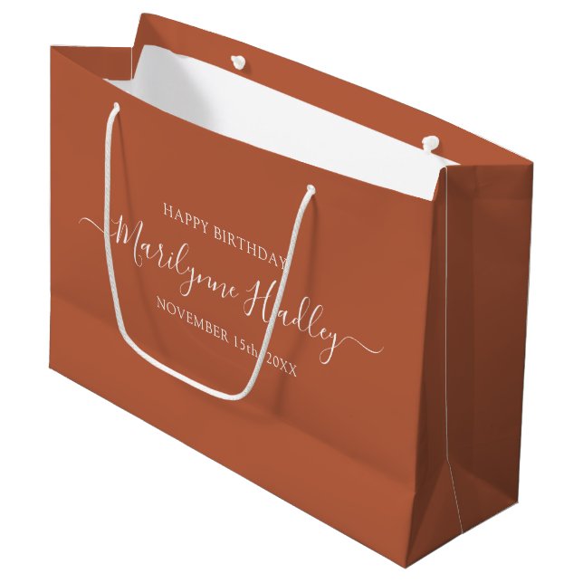 Grand Sac Cadeau Nom Date Rust Terracotta Anniversaire (Devant Angle)