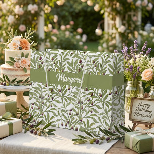 Grand Sac Cadeau Nom de branche d'olive Monogramme Vert Sauge