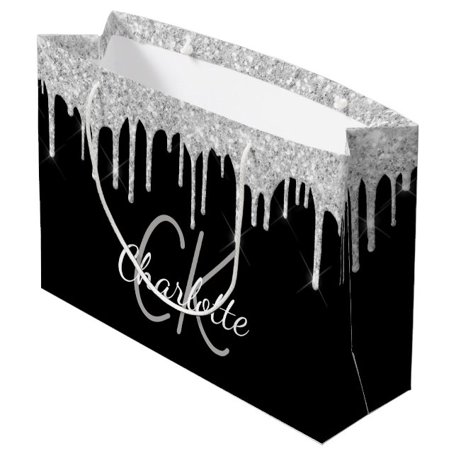 Grand Sac Cadeau Nom de monogramme argent noir moderne élégant (Dos Angle)