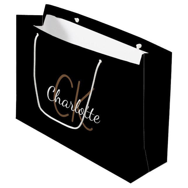 Grand Sac Cadeau Nom de monogramme noir blanc écriture moderne élég (Devant Angle)
