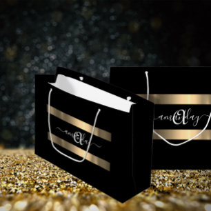 Grand Sac Cadeau Nom du monogramme Mariage d'anniversaire Black Whi